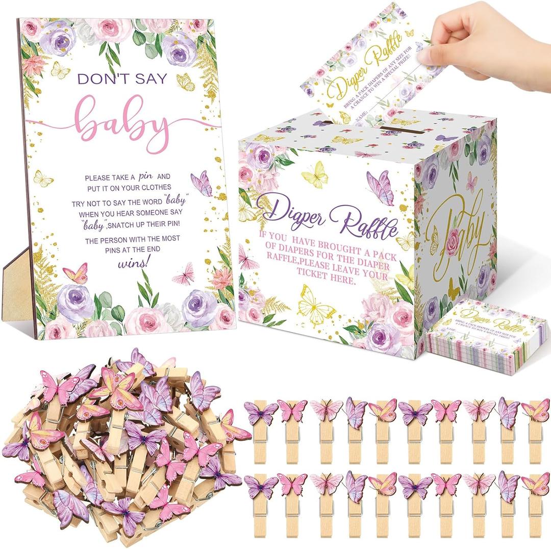 102 Pcs Butterfly Baby Shower Game Supplies Diaper Raffle Tickets with Diaper Raffle Card Box Don't Say Baby Sign Mini Butterfly Clothespin Game Decor for Gender Reveal Favor