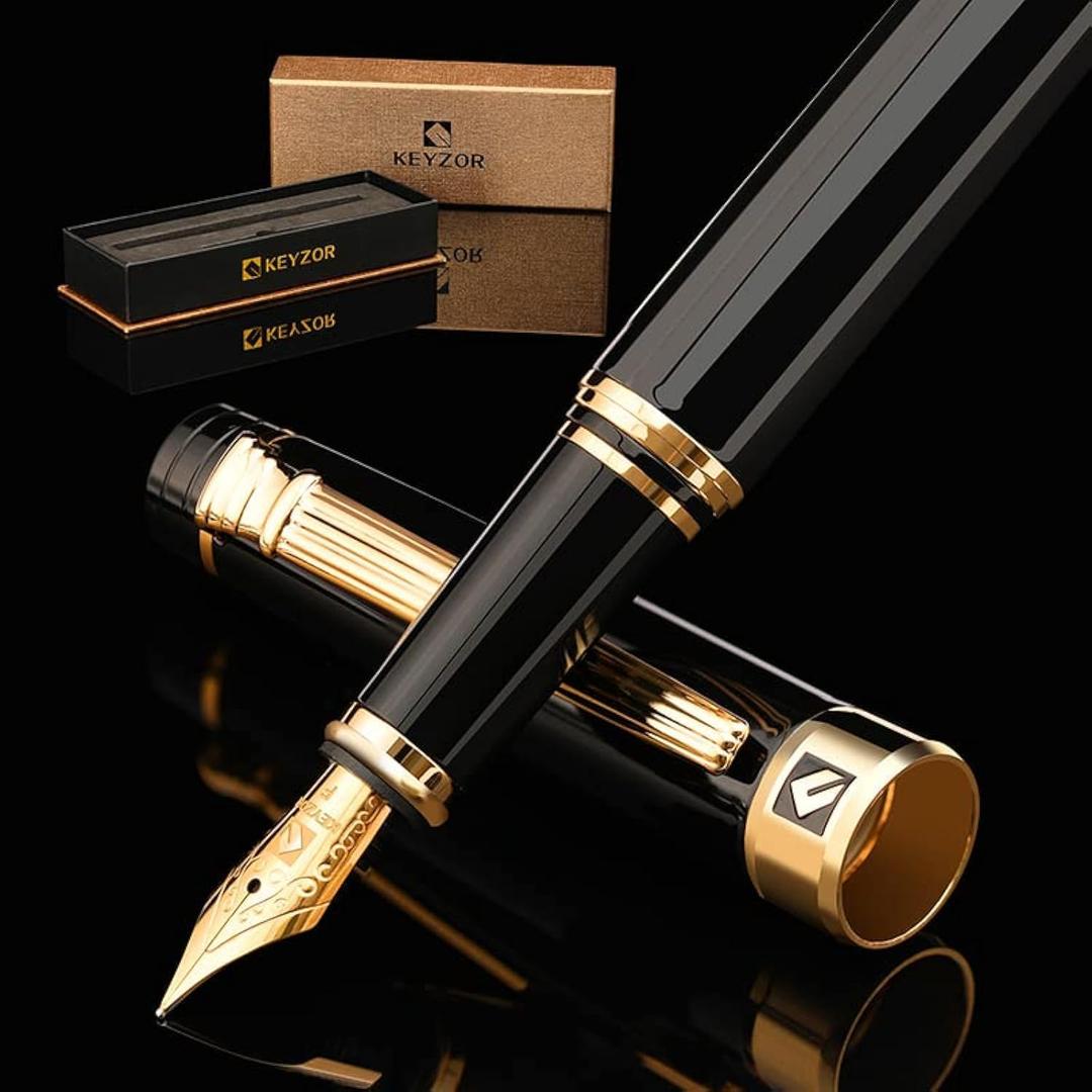 KEYZOR Luxury Fountain Pen Fine Nib For Writing,Refillable Ink Converter,24k Gold Trim Pens Gift Set For Men &Women,Professional,Business,Office (Black)