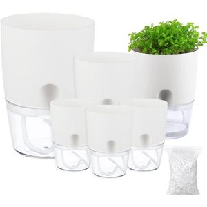 Self Watering Pots for Indoor Plants 6 Pack of 3.2/4/6 Inch Self Watering Planters Plant Pots with Decorative Stones Flower Pot Plant Pots Indoor (Mixed Size, White)