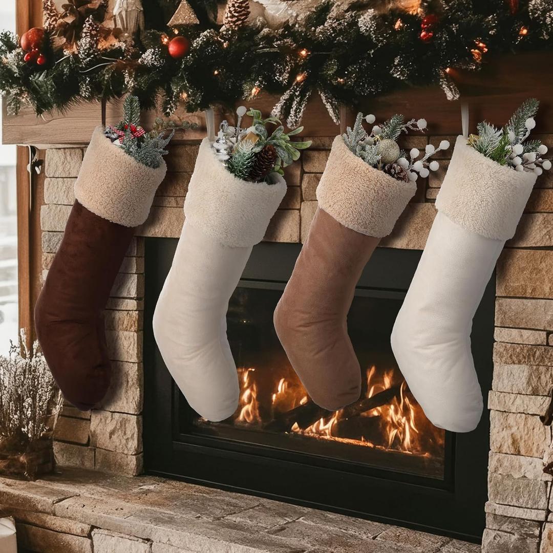 4 Pcs Farmhouse Christmas Stockings, 18'' Christmas Neutral Stockings Rustic Fireplace Stocking, Boho Cozy Hanging Xmas Stocking Decorations for Family Holiday Decor