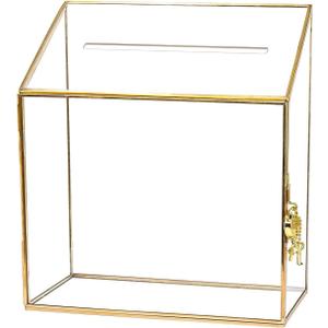 HighFree Large Wedding Card Box with Glass Sides & Acrylic Slot Lid, Handmade Brass Gold Geometric Card Box with Lock, Clear Keepsake Display for Wedding Reception & Decor (9.3x4.5x11.8 in)