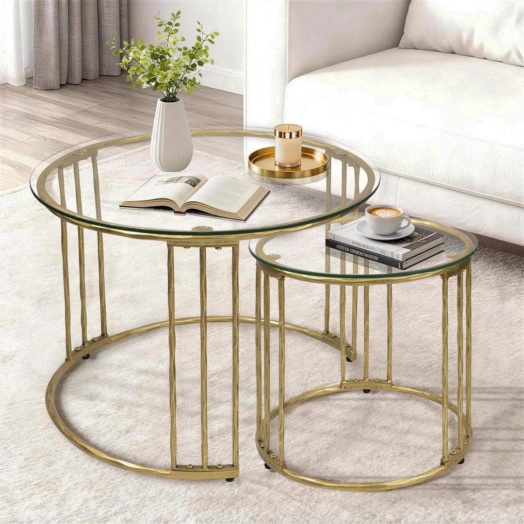 BEGINS Nesting Coffee Table Set of 2, 23.6" Round Coffee Table, Hand Forged Vintage Gold Center Table, Accent Table with Glass Top for Living Room, Bedroom, Balcony, Round, 23.6-inch diameter, 17.7-inch height