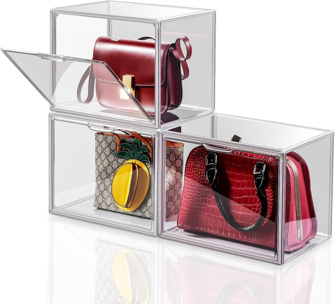 Purse Organizer for Closet, Purse Storage Organizer for Handbag Organizer, Clear Acrylic Display Case with Magnetic Door, Plastic Storage Bins for Book, Collectibles, Cosmetic (3 Pack)