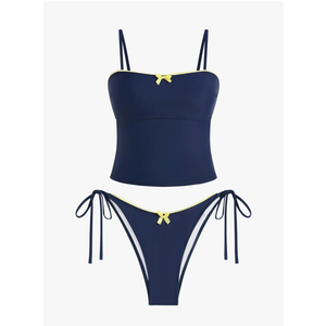 ZAFUL Tankini Swimsuits for Women Bow Tie Side Bathing Suits Tummy Control High Cut Two Piece Bikini Sets. L