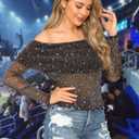 FEMLE Women Sparkly Off The Shoulder Sheer Mesh Tops Glitter See Through Long Sleeve Foldover Top Party Concert Outfits (XL)