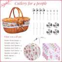 Wicker Picnic Basket with Handle, 15" Large Picnic Basket with Lid & Removable Liner, Vintage Hand Woven Basket with Cutlery Set for Picnics, Camping, Thanksgiving, and Birthday (4-person, Flower)