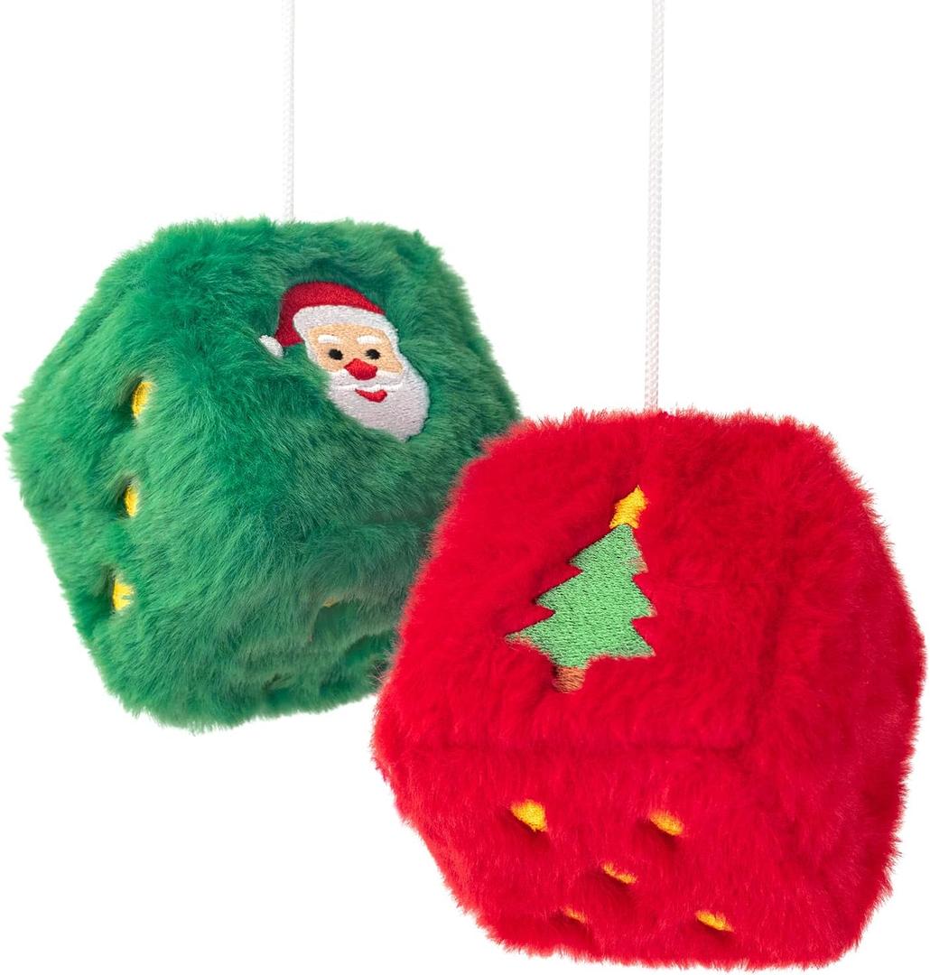 Christmas Fuzzy Dice for Car Rear View Mirror, Embroidered Santa and Tree Design Hanging Decorations, Red Green Plush Dice Ornaments for Car, Indoor or Outdoor Holiday Decor Pair