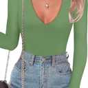 SAUNGKUAI Women's Plunge Deep V Neck Long Sleeve Bodysuit Double Lined Thong Body Suit Shirt Tops (Large)