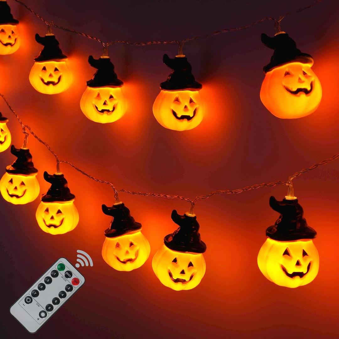 Remote Control Halloween Pumpkin String Lights - 30LED 16.4Ft with Witch Hat | Waterproof Outdoor/Indoor, 8 Modes + Timer, Pet-Friendly | Warm Orange Fall & Party Decor for Patio, Yard