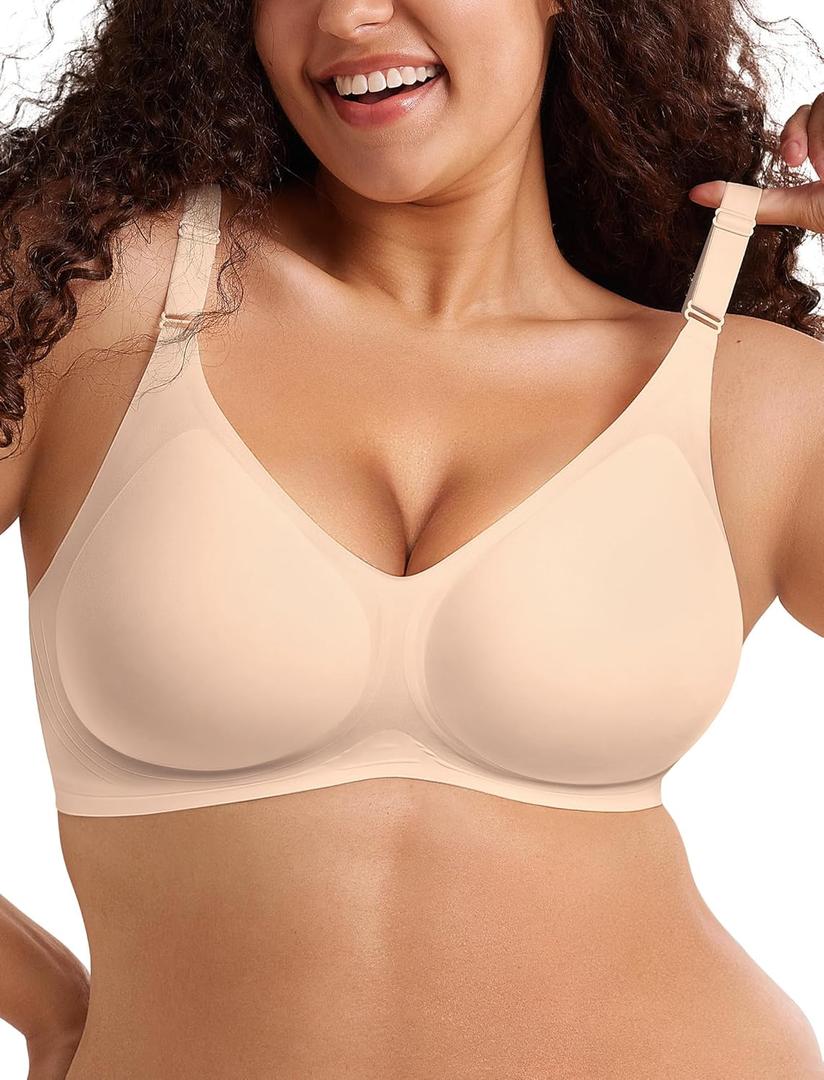 Push Up Seamless Bras for Women No Underwire Support and Lift V Neck Wireless Full Coverage Bralettes Everyday Bras (Medium, Nude)