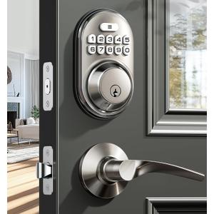Veise Keyless Entry Door Lock with 2 Lever Handles - Electronic Keypad Deadbolt, Auto Lock, Back Lit & Easy Installation Design, Front Door Handle Sets, Satin Nickel