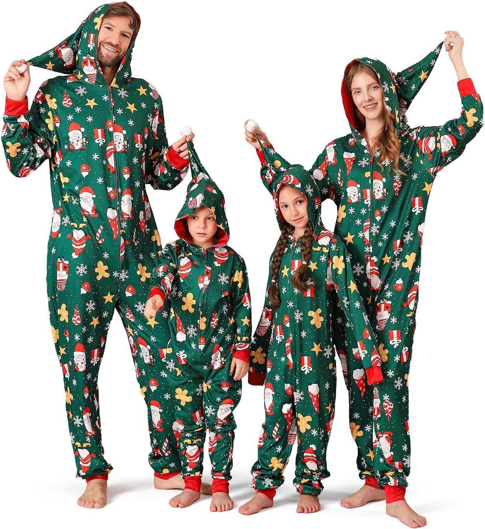Christmas Onesie Pajamas Family Vacation Novelty One-piece Hooded Matching PJs Allover Pattern Sleepwear Nightwear (4-5T, Green Star Gnome)