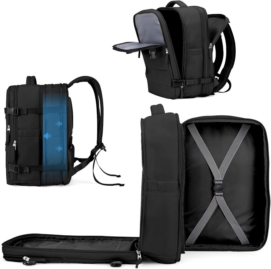 coowoz Large Travel Backpack For Women Men, Carry On Backpack,Hiking Backpack Waterproof Outdoor Sports Rucksack Casual Daypack Expandable Heavy Duty Extra large Backpack Black Expansion (45L)