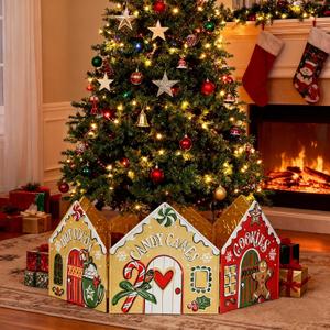 Vintage Metal Christmas Tree Collar 27 Inch Rustic Candy Gingerbread House Design Xmas Tree Ring Holiday Decor for 6-7.5 Ft Artificial-Tree Skirt Tiny Home Indoor Outdoor Decoration