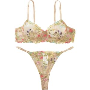 Sexy Floral Embroidered Flower Mesh Underwire Push Up Lingerie Set, M