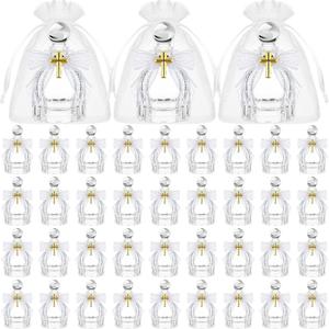 Newtay Holy Water Bottles Catholic Bulk Glass Baptism Favors for Guests Christian Water Container with Cross Organza Bags Bow for Holy Communion Gifts Church Wedding Baptism(White,48 Set)