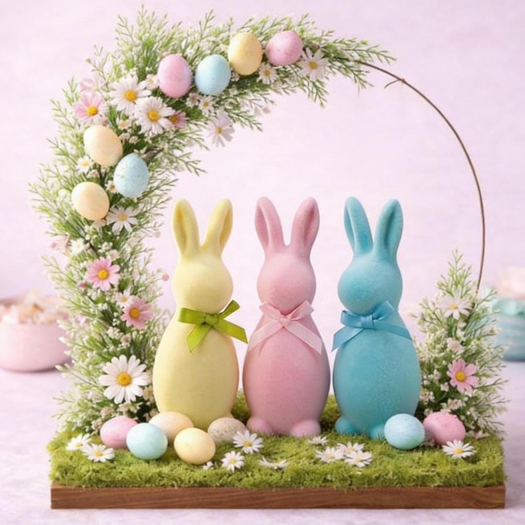 Thyle 3 Pcs Easter Flocked Resin Bunny Figurines Decorations with Bow Ties Macaron Color Rabbit Statues Easter Spring Standing Rabbit Bunny Table Centerpiece for Office Home Indoor Shelf Decor Gift