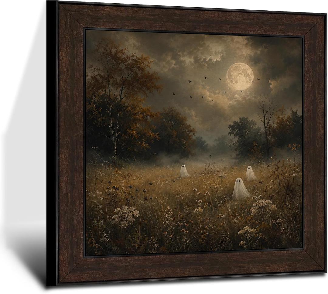 2 x Puyfsdhg Vintage Rustic Spooky Halloween Ghost Wall Art Framed Moody Dark Cottagecore Fall Canvas Prints Artwork, Halloween Ghost Oil Paintings Wall Decor for Home Bedroom Living Room 20x20 Inch, 19.7"L x 19.7"W