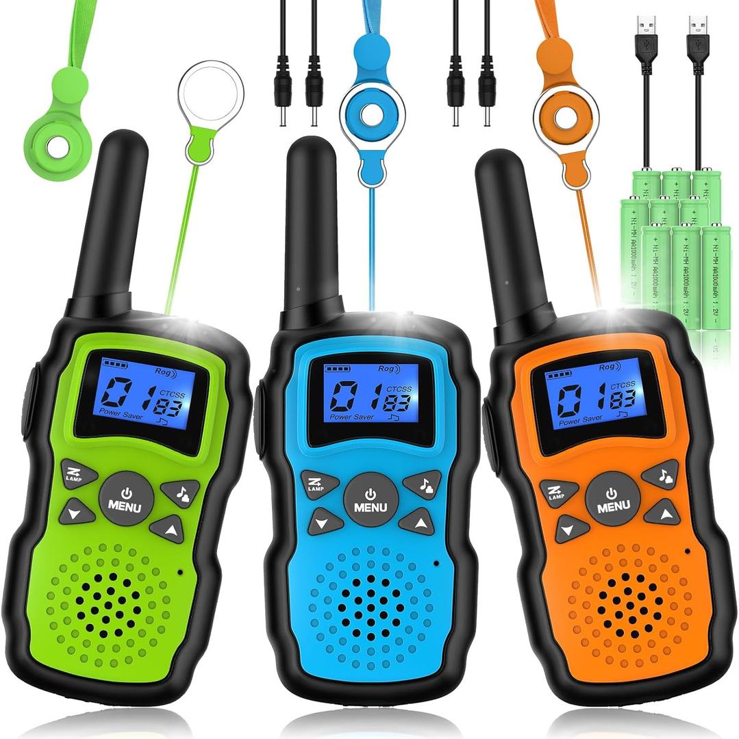 Wishouse Walkie Talkies Rechargeable for Kids Adults Long Range,Xmas Birthday Gift for Boys Girls 3 4 5 6 7 8 9 10 Year Old,Hiking Gear Camping Games Toys with Flashlight,VOX,Easy to Use 3 Pack (Green Blue Orange)
