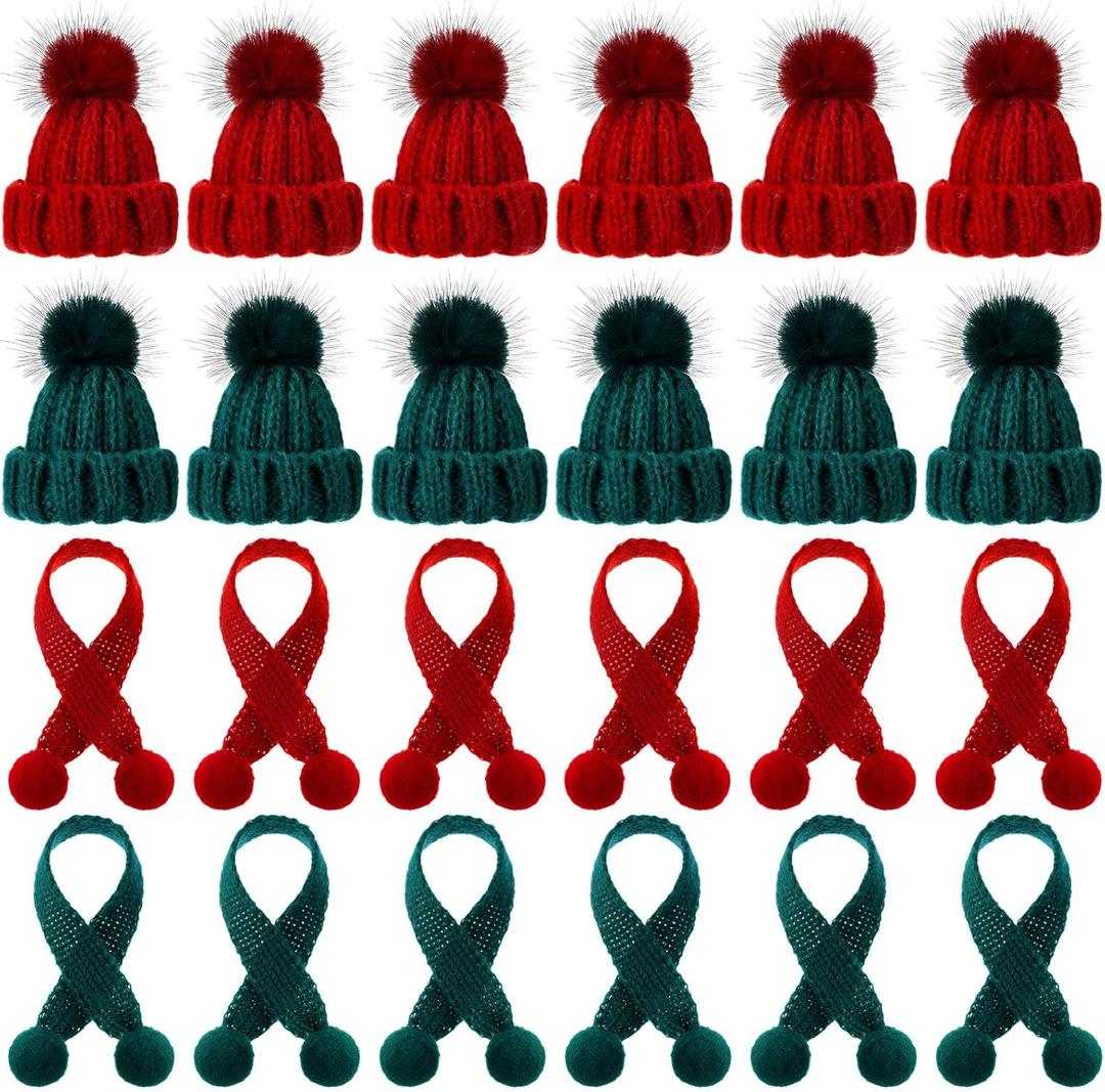 Bencailor 24 Pcs Mini Christmas Knitting Hats and Mini Christmas Scarf Set Knitting Doll Hat Scarf Santa Knit Hat Tree Ornaments for DIY Craft Art Doll Decoration (Red,Green)