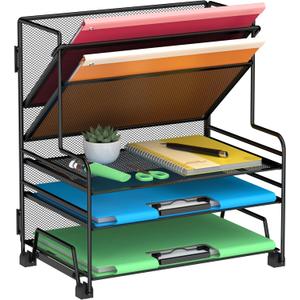 Desk File Organizer, 3-Tier Letter Tray Paper Organizer and 2-Pocket Metal Hanging Basket for Office School Classroom Organization