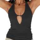Albe Rita Women Racerback Tank Tops Basic Sexy Summer 2025 Deep V Neck Going Out Slim Fit Shirts (Black)