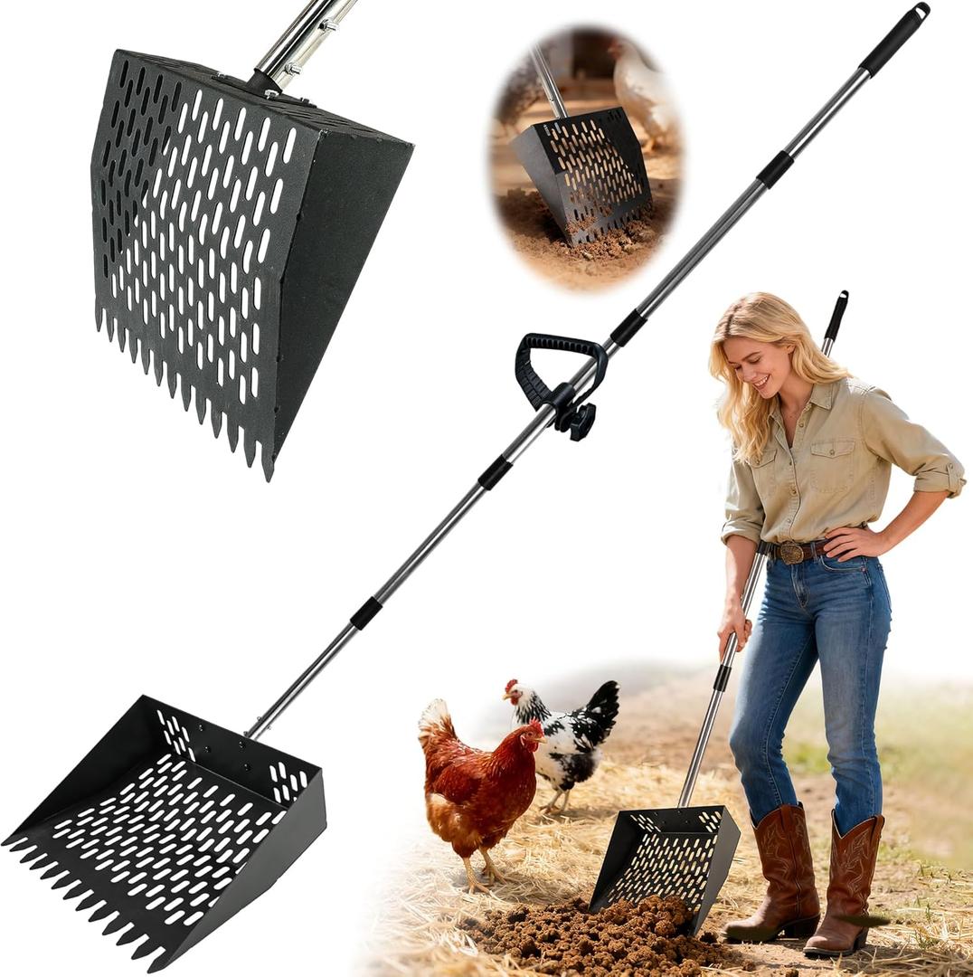 PETNF 2-in-1 Chicken Poop Scooper & Rake with Ergonomic Non-Slip Handle, Adjustable Stainless Steel Handle (3080"), Large Capacity Basket, Multifunctional Heavy-Duty Scooper, Easy to Install & Clean