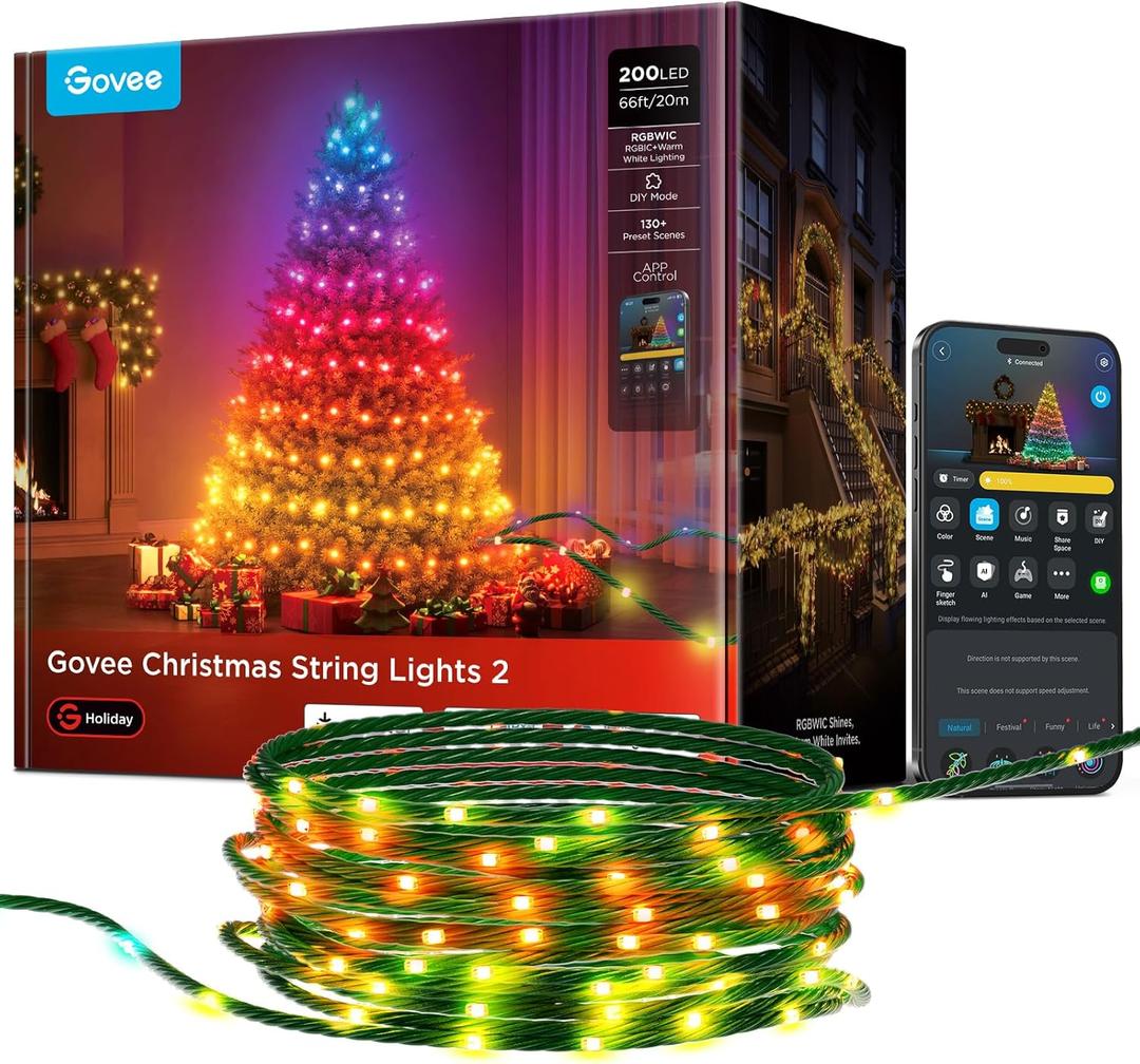 Govee Christmas Lights 2, RGBWIC 66FT 200LEDs Holiday String Lights with Shape Mapping Function, Smart LED Decoration for Indoor Outdoor Tree, 130+ Preset Scenes, Voice and APP Control, Green Wire