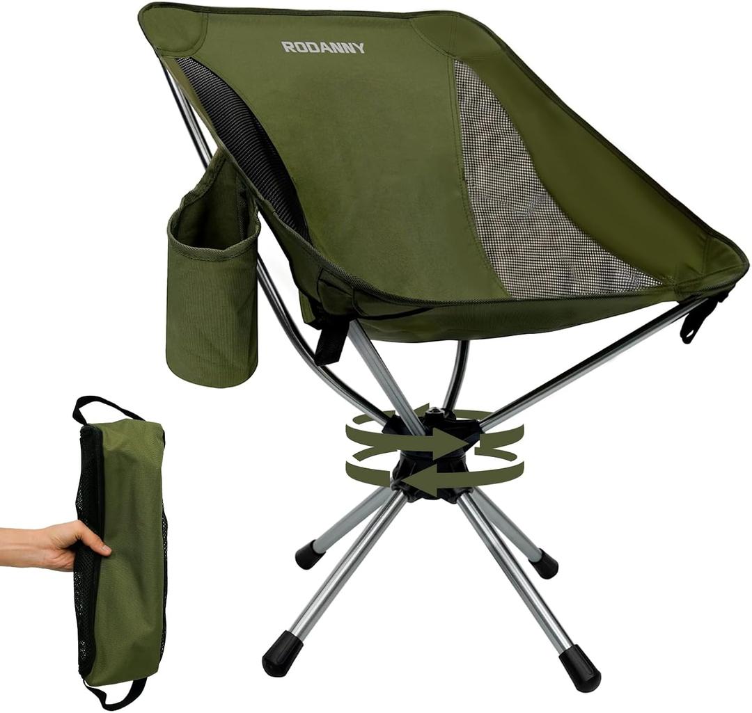 360 Swivel Folding Chair, Compact Portable Camping Chairs for Outdoor Travel Hunting Hiking Fishing Picnic, Lightweight 2.7LB with 305LBS Capacity, Foldable Lawn Chair, Green