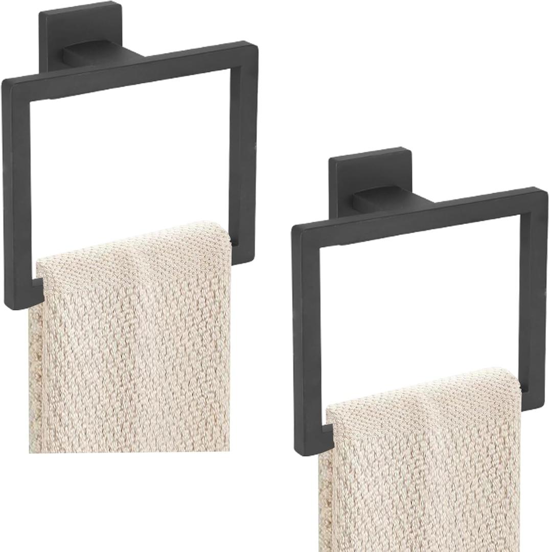 2-Piece Towel Ring - Thicken SUS 304 Stainless Steel Towel Holder, Towel Racks for Bathroom, Square Modern Design Hand Towel Holder, Contemporary Hand Towel Bar - Matte Black