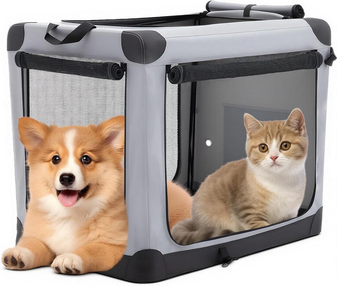 DUMOS Dog Crate 24 Inch Travel Cat Pet Carrier for Small Dog, Portable Foldable Soft Pet Airline Approved Crate with Storage Bag & Washable Pad for Indoor Outdoor Dog Kennel Carrier (S-30lbs, Grey)