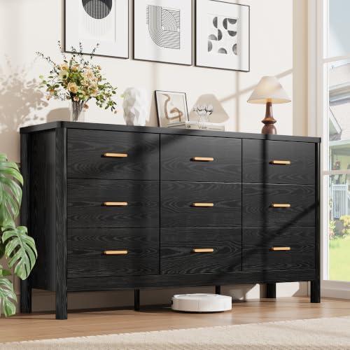 Garvee 9 Drawer Dresser, Modern Wooden Storage Chest of Drawers, Black | Freestanding Storage Organizer with Cylindrical Legs, Metal Handles & Anti-Tip, for Bedroom, Living Room, Hallway