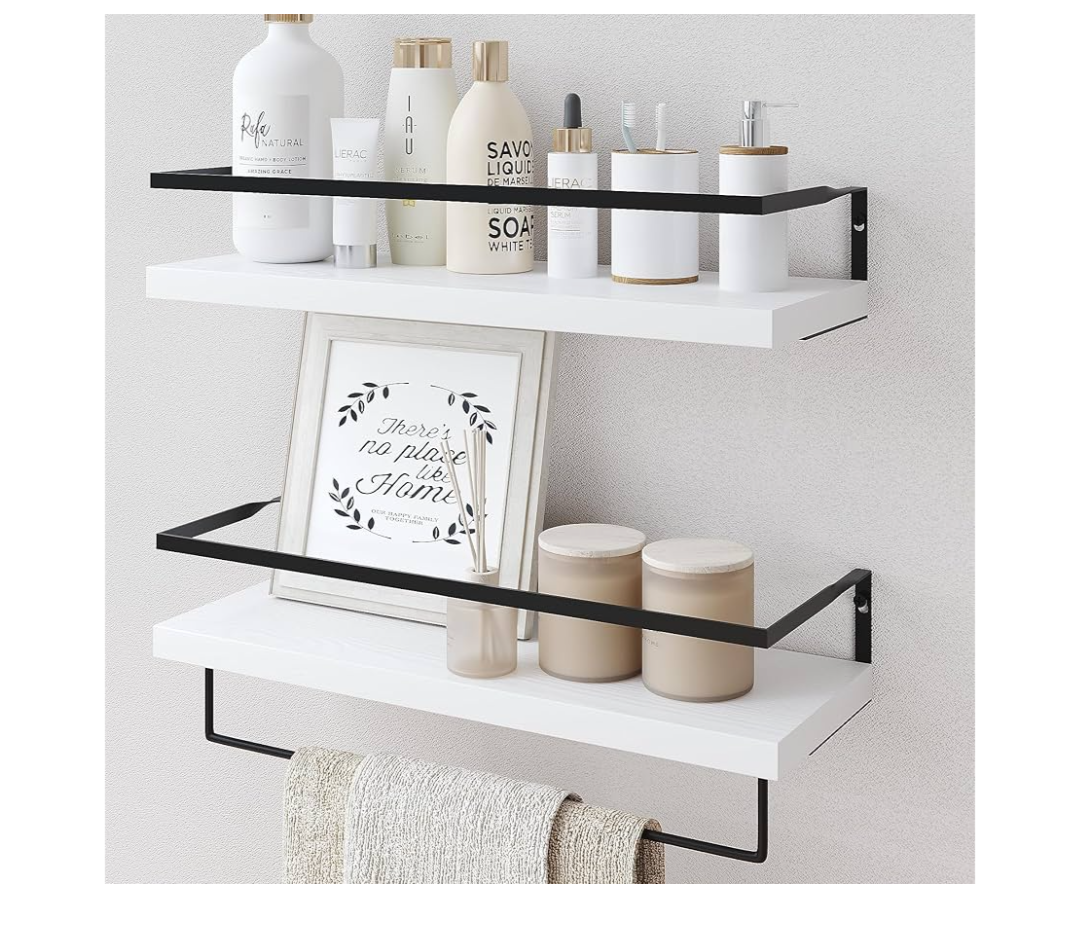 Forbena White Floating Shelves for Bathroom Organizer Over Toilet, Bathroom Shelves Wall Mounted with Towel Rack, Corner Wall Shelf for Bedroom Decor Kitchen Storage (WhiteDark Grey, Set of 2)