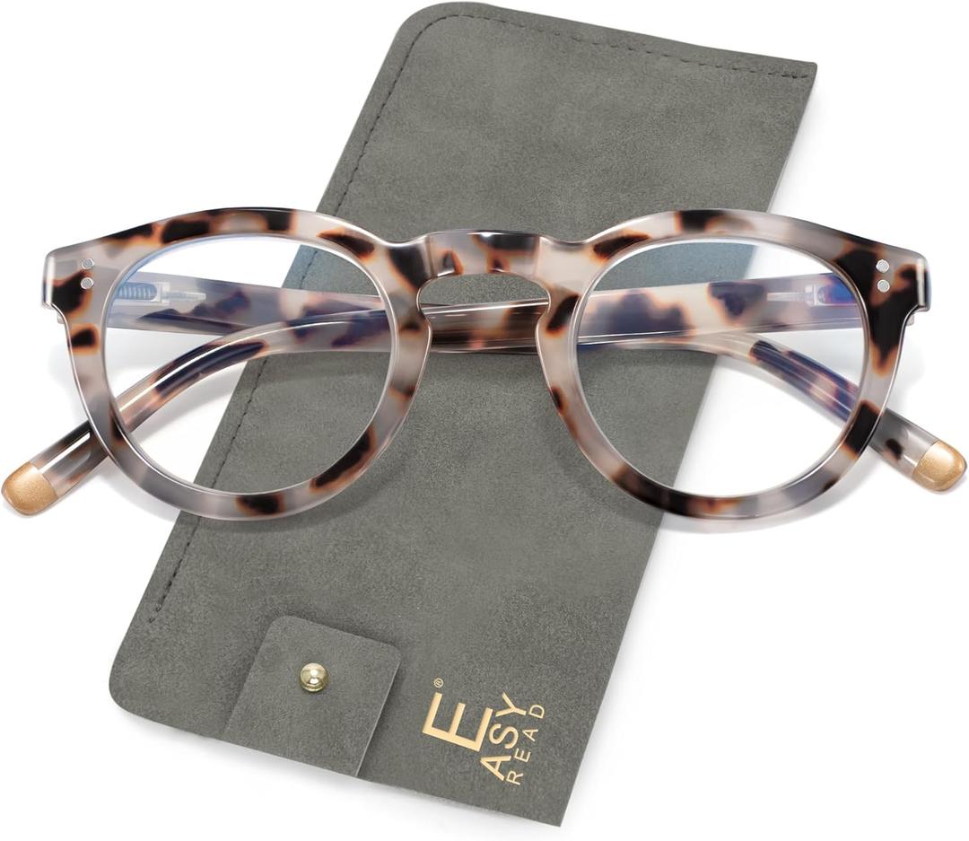 EASY READ Retro Round Blue Light Blocking Reading Glasses for Women,Anti UV Readers for Women with Spring Hinge (Grey Tortoise)