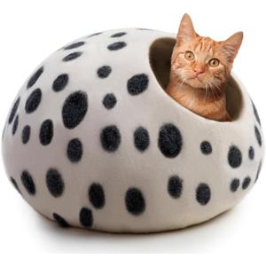 Luxurious Eco-Friendly Merino Wool Cat Cave Bed - Foldable Hideaway Pod for Indoor Cats - Premium Felt Kitten Beds - Covered Cat House for Ultimate Cozy Comfort by Woolygon (Medium, Snow Leopard)