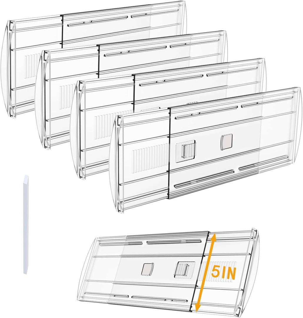 SPEREELER 4 Pack Adjustable Drawer Dividers for Clothes,5" High Expandable From 13-21" Clear Drawer Organizers, PC Plastic Separators for Dresser/Bedroom/Bathroom/Kitchen/Office Storage