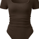 OQQ Women Bodysuits Ruched Short Sleeve Square Neck Stretch Lounge Travel Bodysuits Medium