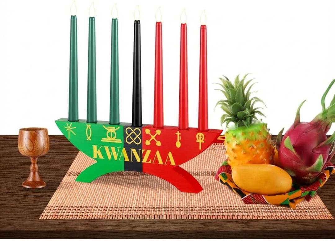 BrightRow 12 Pcs Kwanzaa Kinara Set Include 3 Red 3 Green 1 Black Candles Double Sided Wooden Candle Holder Wine Glasses Basket Kente Cloth Bamboo Table Mat for Kwanzaa Celebration Decoration