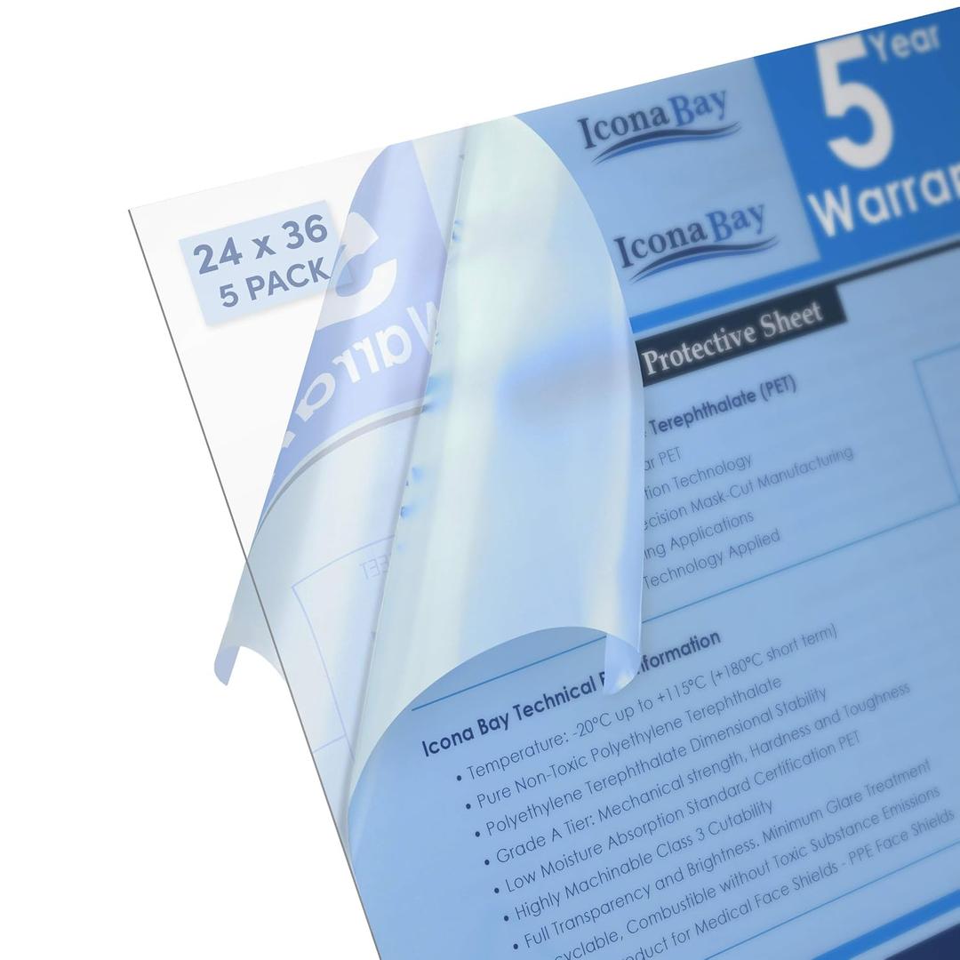 Icona Bay PET Plexiglass, Thin & Flexible Plastic Sheets (24x36 x 0.03 inch, Clear, 5 Pack), PET Sheeting is Pliable Unlike Acrylic, Easy to Cut for DIY Art Projects & Protective Barriers