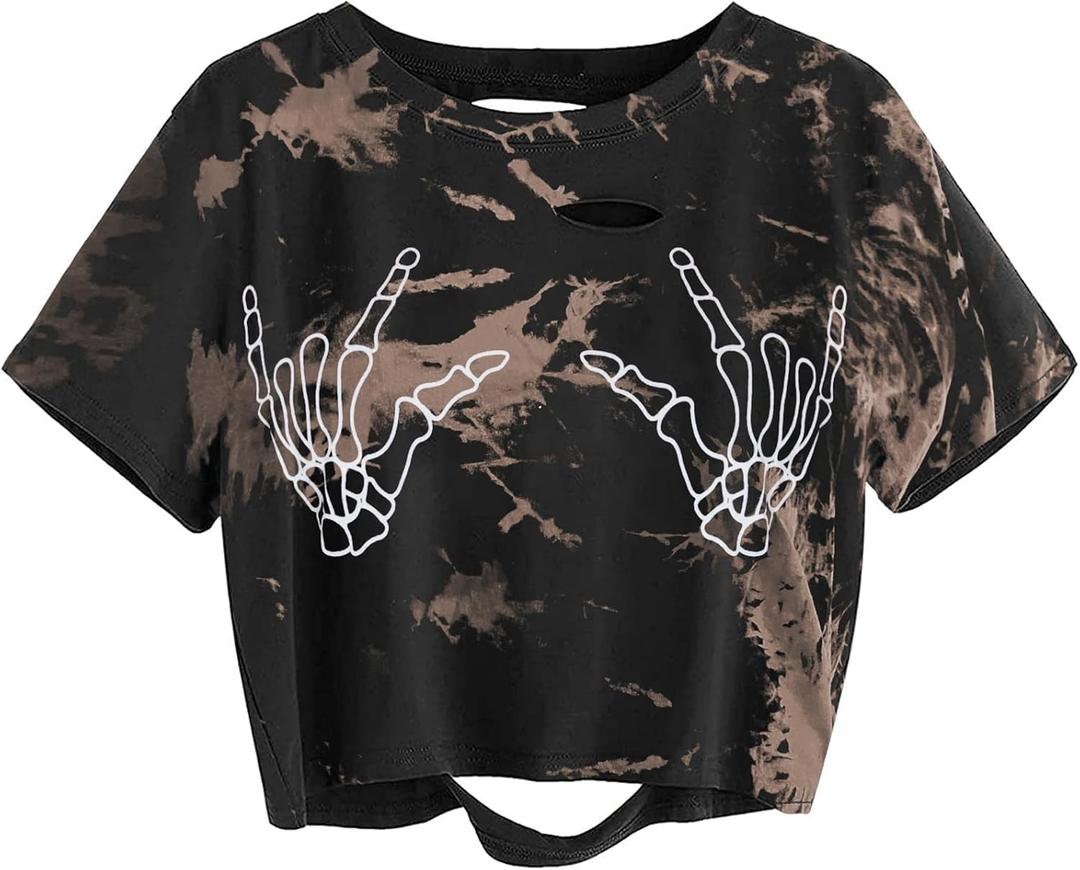 Avanova Women Skull Finger Graphic Distressed Tee Shirt Ripped Short Sleeve Crop Tops (3X-Large, Tie Dye Brown)