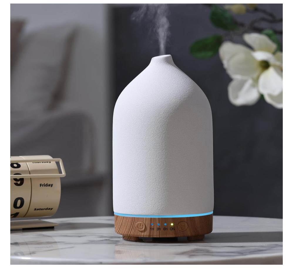 Gooamp 200ML Ceramic Essential Oil Diffuser  Ultrasonic Aromatherapy & Humidifier with 7Color LED Lights, Auto ShutOff, Wood Grain Base, 1H/3H/6H Timer | Scent for Home, Office, Yoga