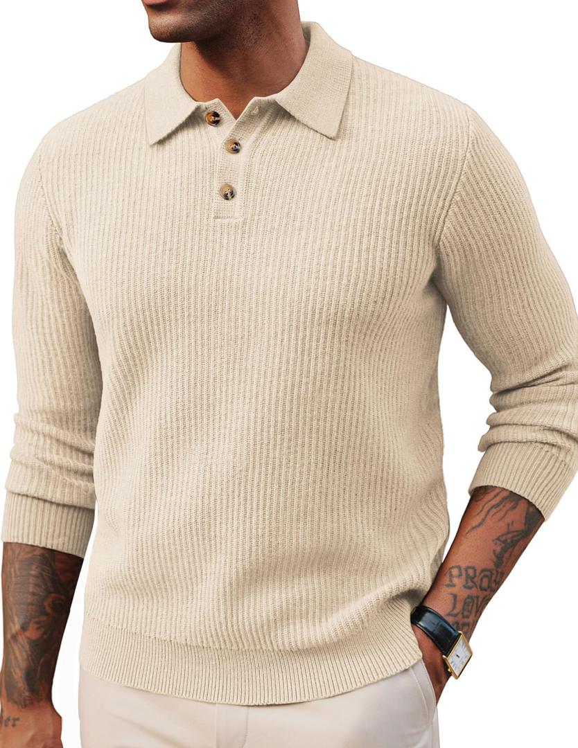 Sweater for Men Ribbed Basic Long Sleeve Slim Fit Pullover Sweater Apricot 2XL Cream