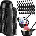 Suclain 24 Count Baseball Helmet Snack Ice Cream Bowl 24 Pcs Disposable Taster Spoons 8 oz Mini Sundae Bowls Dessert Plastic Spoons for Party Supplies(Black)