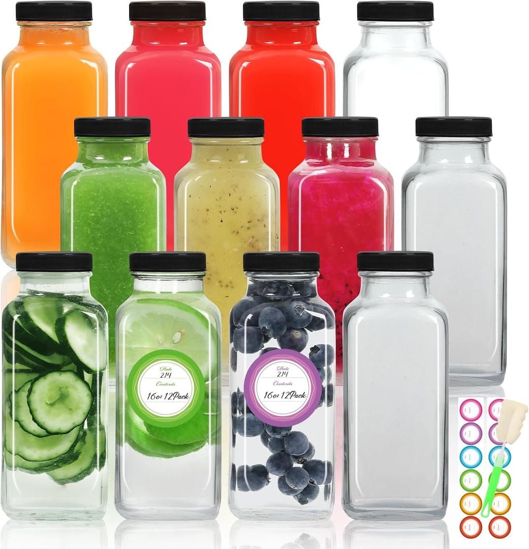 STARSIDE 16oz Glass Juice Bottles with Lids 12 Pack - Square Reusable Drinking Jars for Juicing, Milk, Kombucha - Includes 1 Sponge Brush, 12 Colored Labels