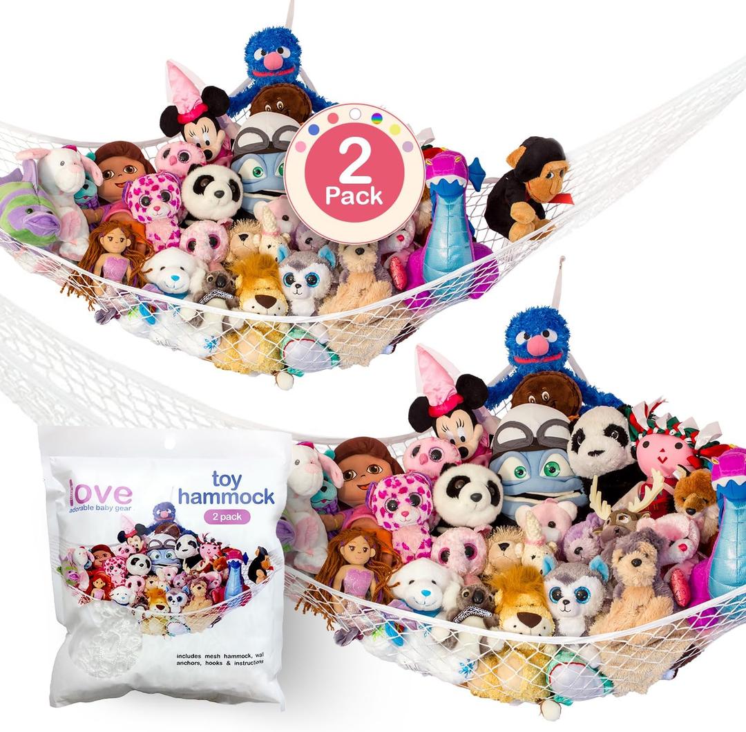 Lilly's Love Stuffed Animal Hammock | Corner Hanging Organizer, Toy Storage, Stuffed Animal Storage Net | Made from Quality Fishing Net, Holds 12lbs | 67"x47"x47" (White, 2 Pack)
