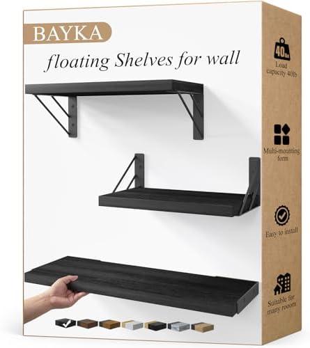 BAYKA Wall Shelves for Bedroom Decor, Floating Wall Shelves for Living Room Kitchen Storage, Wall Mounted Rustic Wood Floating Shelves for Kids Books, Corner Shelves for Bathroom, Office(Set of 3)