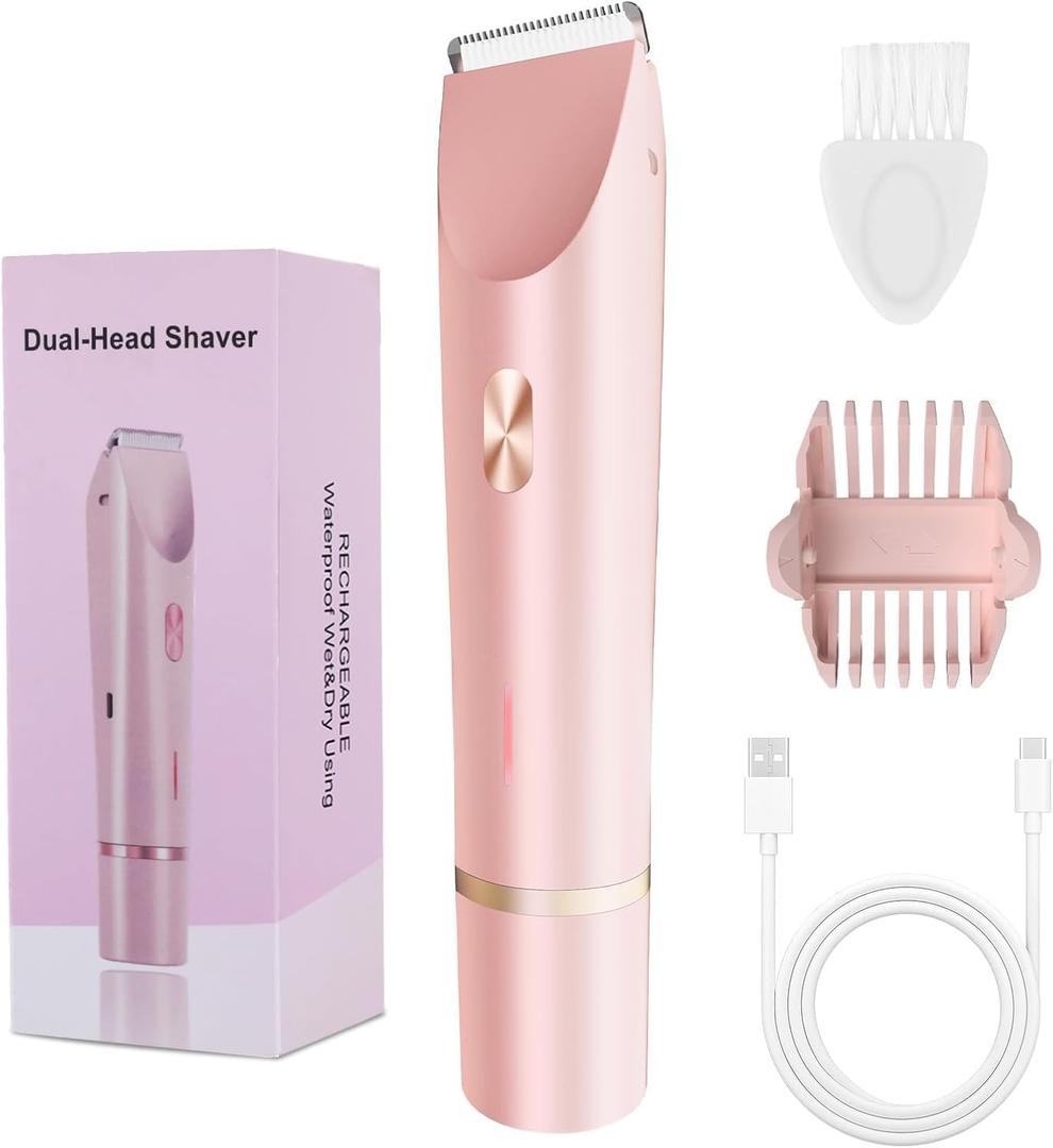 2-in-1 Bikini Trimmer for Women, Bikini Shaver with Dual Heads, Painless Body and Facial Hair Removal, Rechargeable Cordless Electric Razors for Face Chin Pubic Underarm Legs, IPX7 Waterproof, Pink