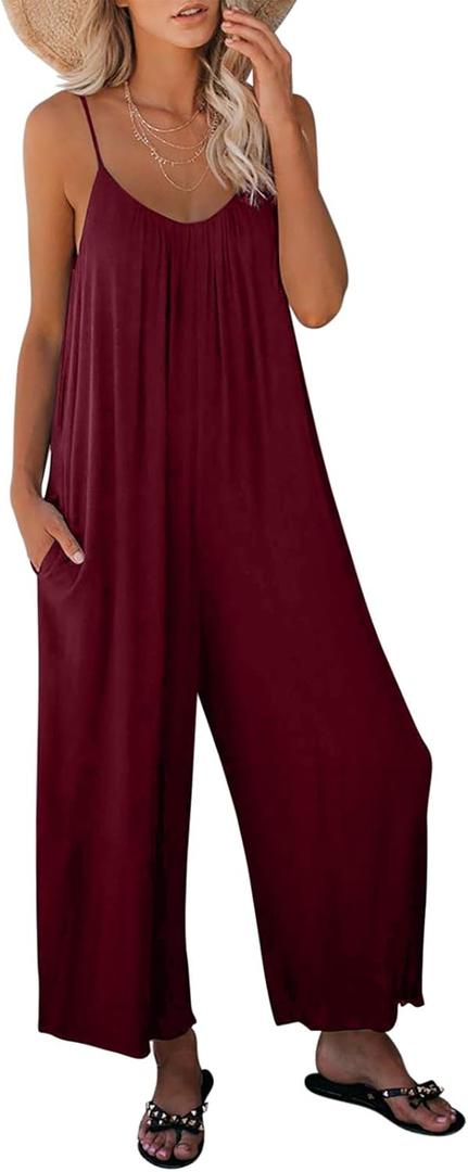 Dokotoo Women's Loose Sleeveless Jumpsuits Adjustable Spaghetti Strap Stretchy Long Pant Romper Jumpsuit with Pockets (XX-Large)