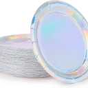 Iridescent Paper Plates 9 Inches [50 pack] Round Disposable Dinner Paper Plates for Cakes Salad Pizza Holographic Rainbow Silver Decorations Party Supplies for Events Wedding Anniversary Christmas