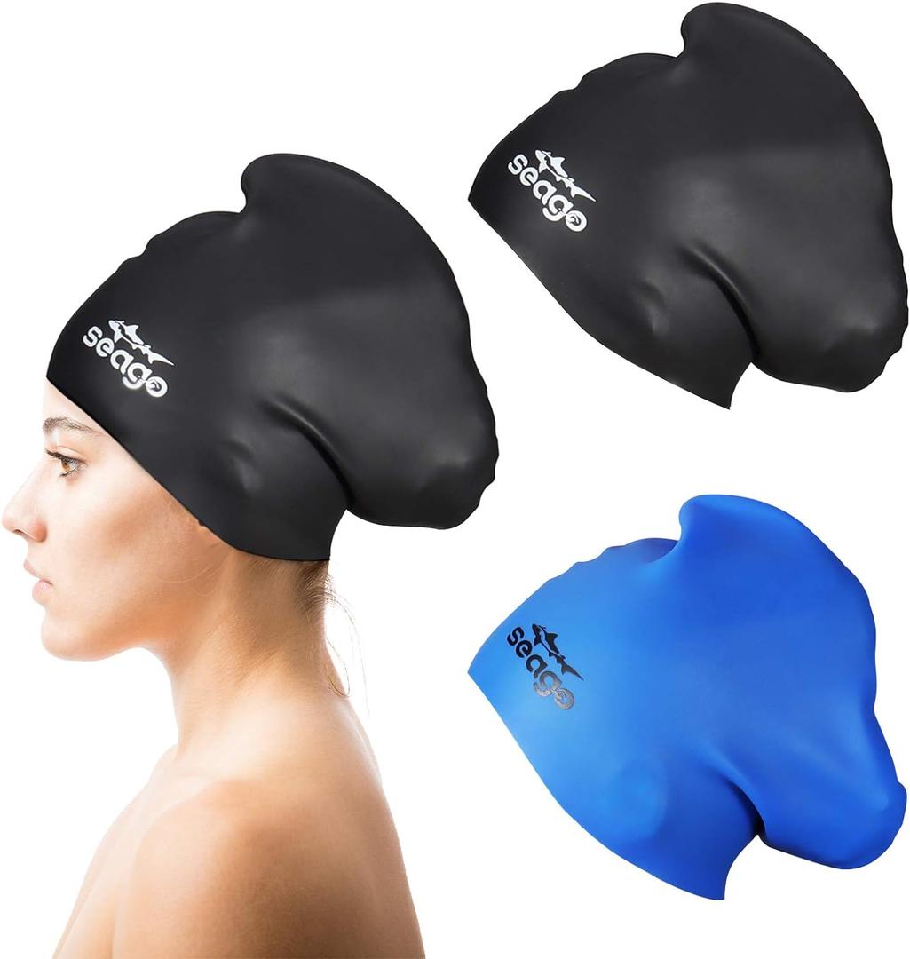 Swim Cap Long Hair 2 Pack Swimming Caps for Women Silicone Swim Caps Keep Hair Dry Waterproof Comfortable Flexible Durable Bathing Cap Tear-Proof Design Large Women Adult Swimming Cap 10+ Years Girls (Black & Blue)